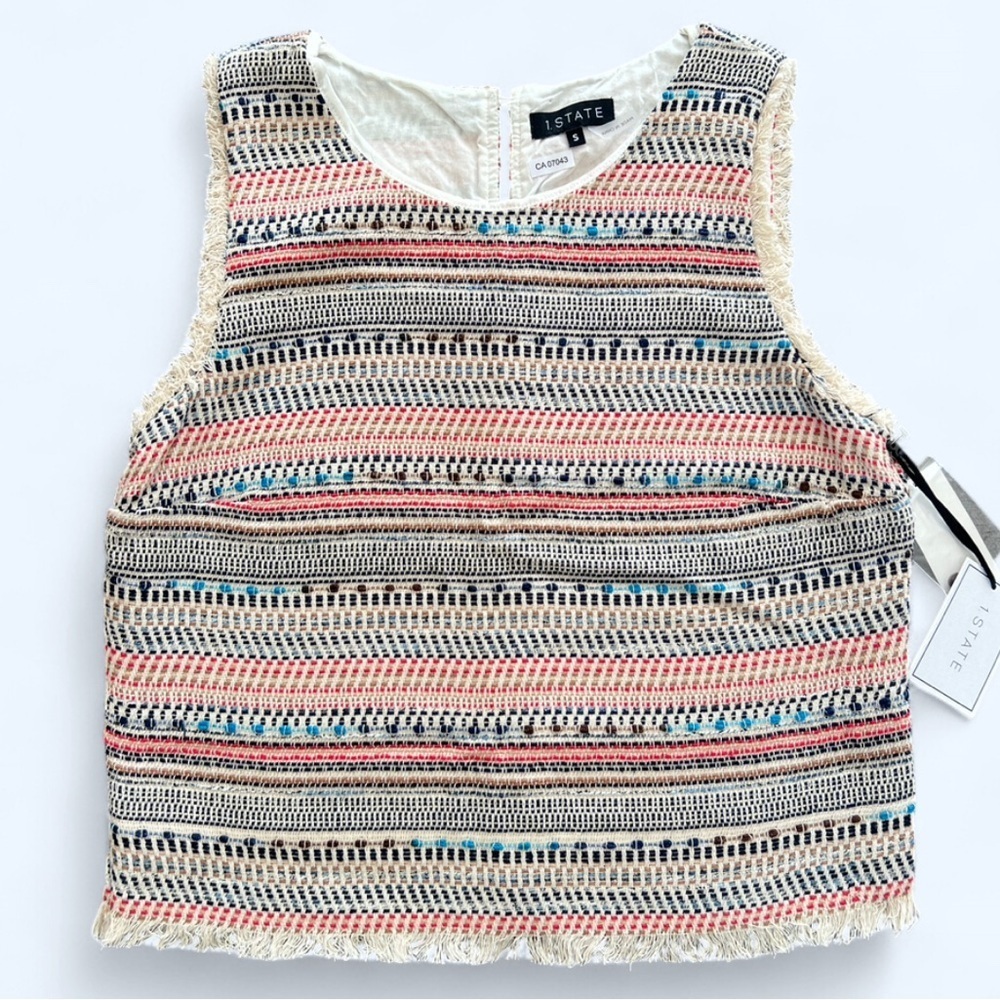 Pink Boho Tweed White Top Beachy Coastal Vacation Summer NWT Size S